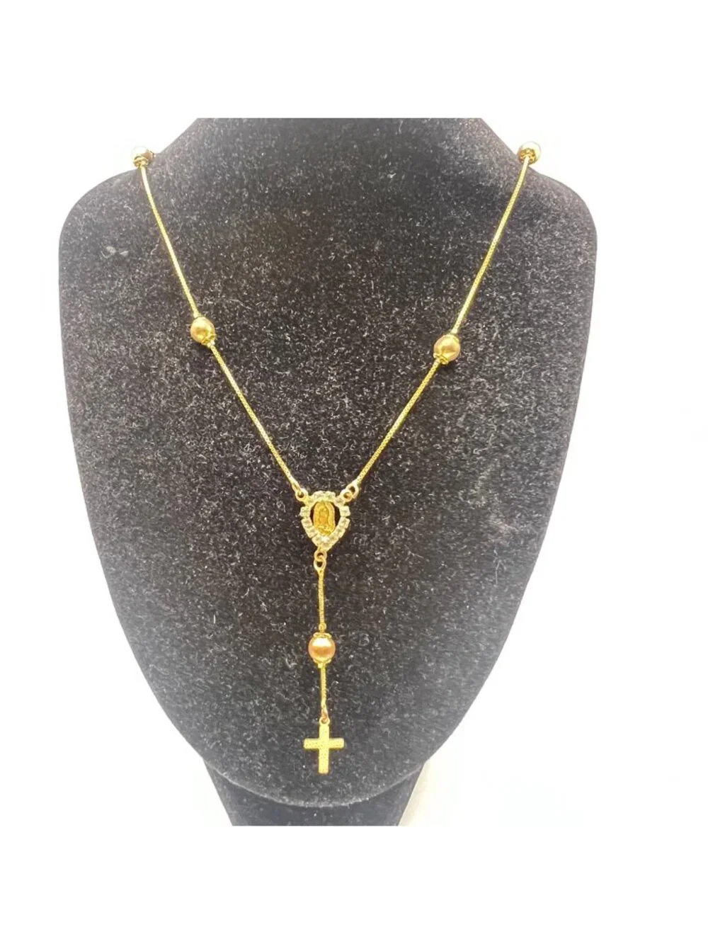 Vintage 18k Gold Filled Rosary Necklace Miraculous Medal Rhinestone Y Drop LOOK - Picture 1 of 8